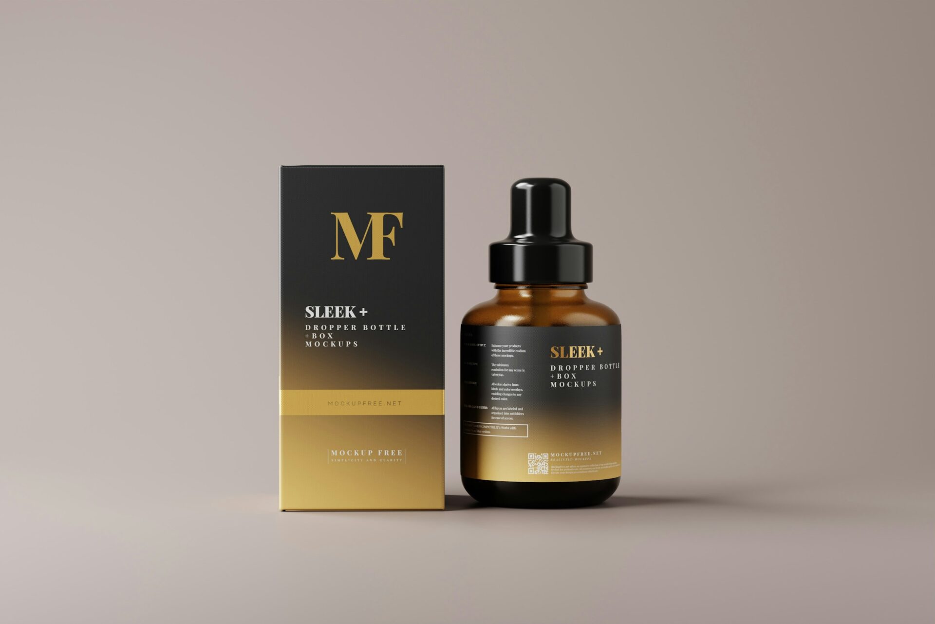 Amber glass dropper bottle and matching black and gold packaging box, displayed against a neutral grey background.